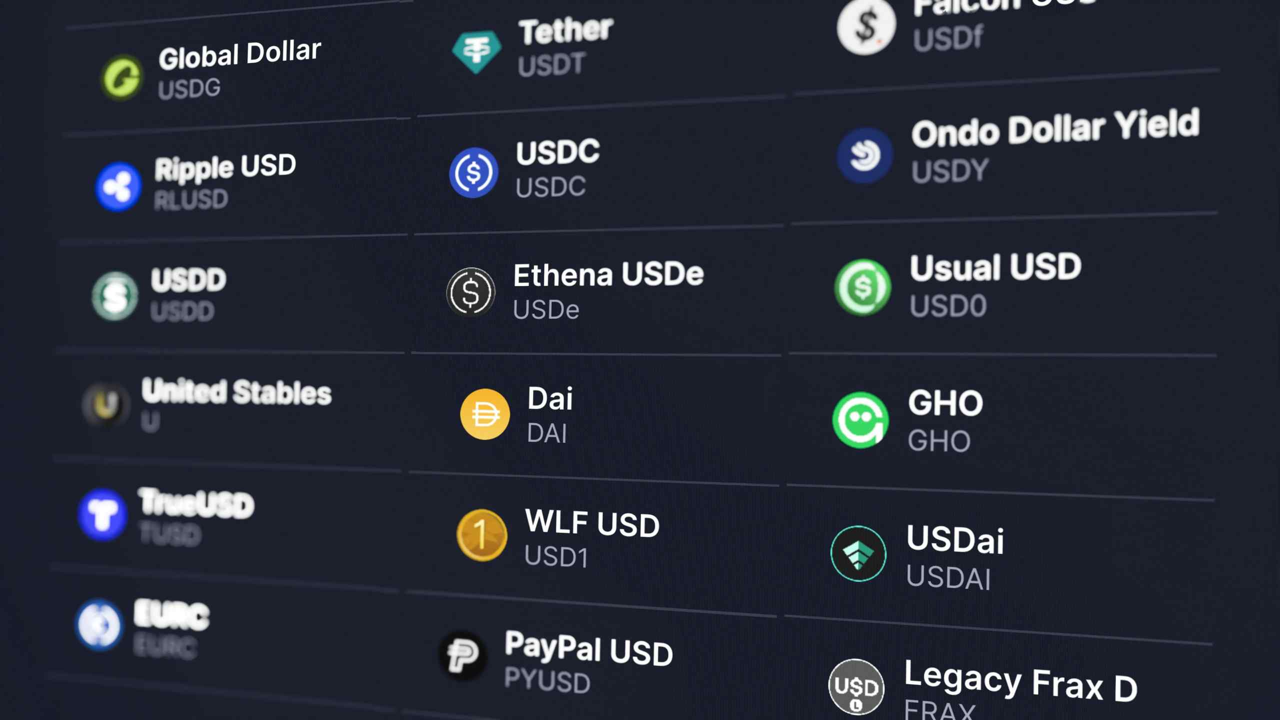 An image of a number of different cryptocurrencies including USDC, Dai and PayPal USD